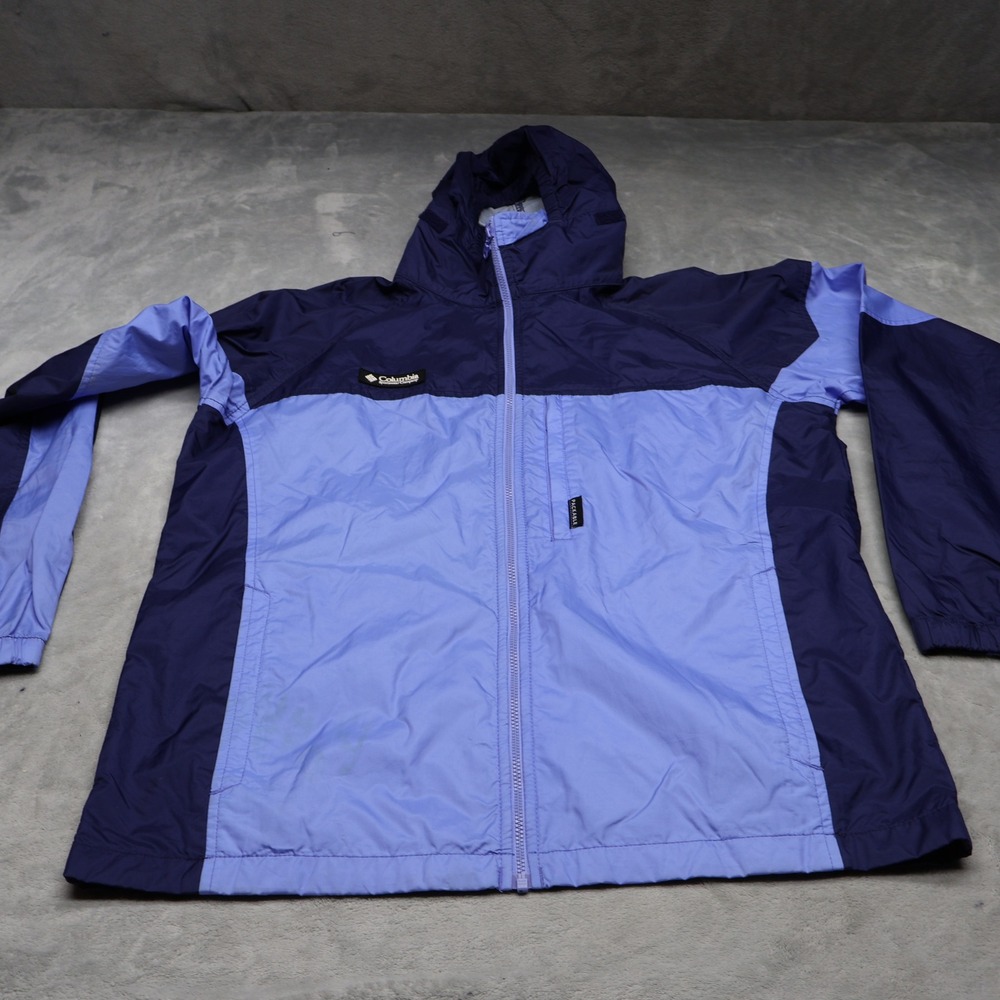 Columbia Jacket Kids 18/20 Blue Hooded Light Pack Full Zip Wind Rain Outdoor VTG